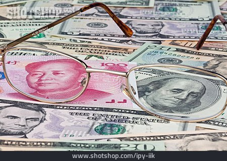 
                Geldschein, Brille, Us-dollar, Yuan                   
