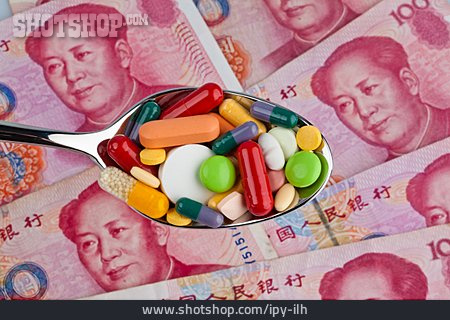 
                Geldschein, Tablette, Arzneimittelkosten, Yuan                   