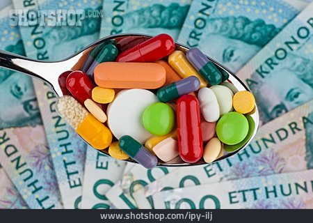 
                Geldschein, Tablette, Arzneimittelkosten, Schwedische Kronen                   