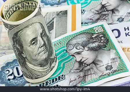 
                Geldschein, Us-dollar, Dänische Kronen                   