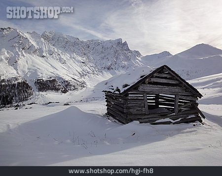 
                Winterlandschaft, Holzhütte, Heuschober                   