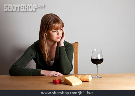 
                Young Woman, Bored, Undecided, Winetasting                   