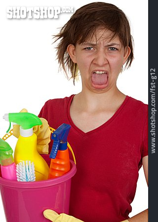 
                Junge Frau, Genervt, Putzen, Hausarbeit                   