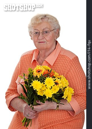 
                Seniorin, Blumenstrauß, Porträt                   