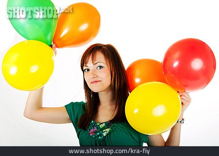 
                Junge Frau, Halten, Geburtstag, Luftballon                   