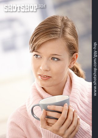 
                Junge Frau, Nachdenklich, Kaffeepause                   