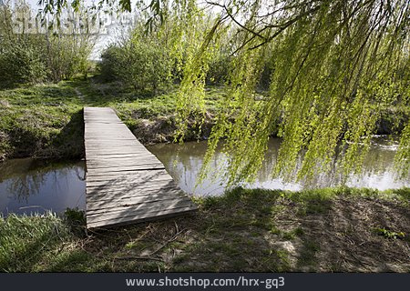 
                Fluss, Holzbrücke, Slowakei                   