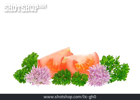 
                Tomate, Schnittlauchblüte, Petersilie                   