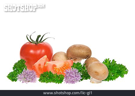 
                Tomate, Champignon, Schnittlauchblüte, Petersilie                   