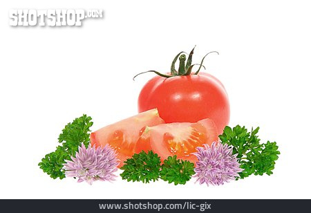 
                Tomate, Schnittlauchblüte, Petersilie                   