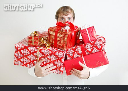 
                überrascht, Geschenk, überreichen, Geschenkstapel                   