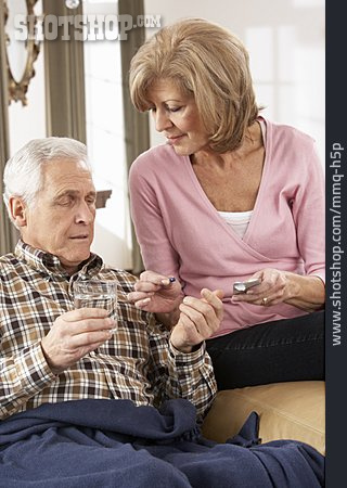 
                Senior, Medicaments, Taking Tablets, Older Couple                   
