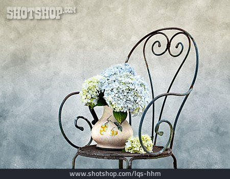 
                Stuhl, Blumenstrauß, Hortensie                   