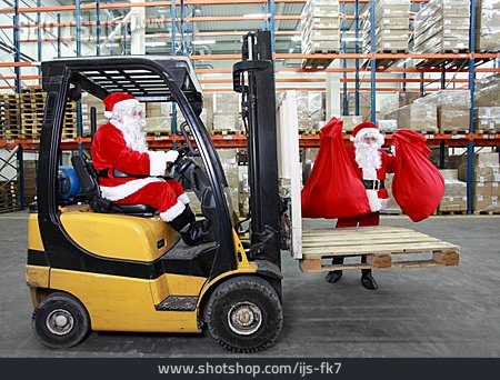 
                Logistik, Weihnachtsmann, Gabelstapler, Weihnachtsvorbereitung                   