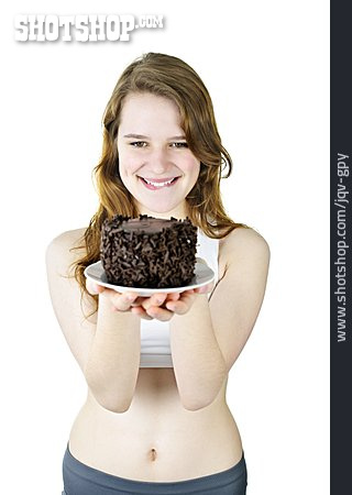 
                Junge Frau, Kuchen, Versuchung, Heißhunger                   