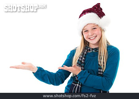 
                Mädchen, Weihnachtsmütze, Geste                   