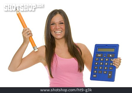 
                Junge Frau, Bildung, Taschenrechner, Bleistift                   
