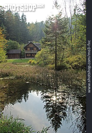 
                Teich, Holzhaus, Waldlichtung                   