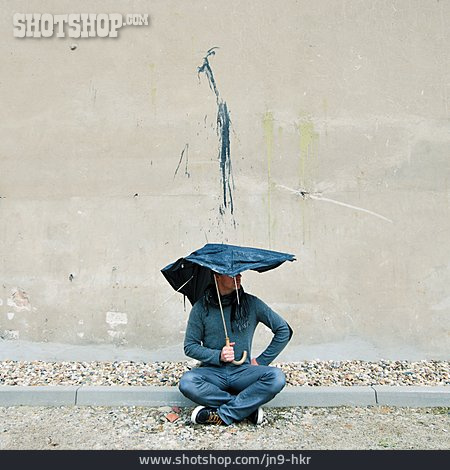 
                Solitude & Loneliness, Man, Sitting, Rain, Umbrella                   