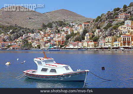 
                Stadtansicht, Boot, Griechenland, Symi                   