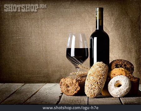 
                Wein, Stillleben, Brot, Rotwein                   
