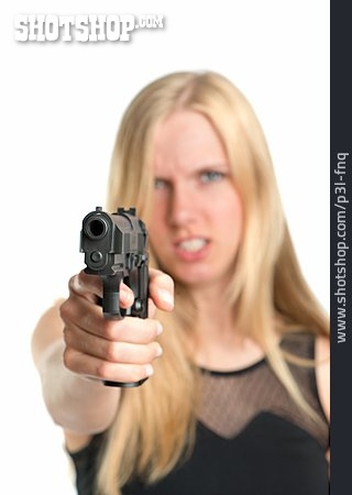 
                Junge Frau, Frau, Schießen, Pistole                   
