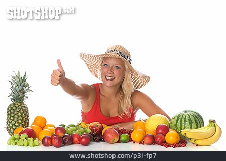 
                Junge Frau, Gesunde Ernährung, Obst, Daumen Hoch                   