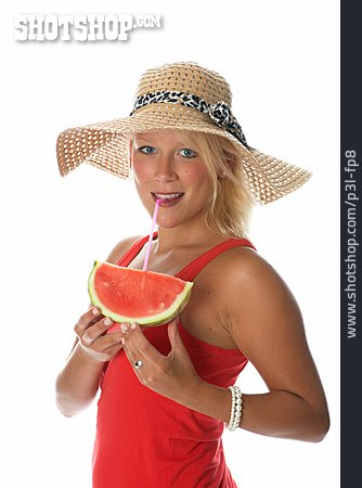 
                Junge Frau, Gesunde Ernährung, Melone, Direktsaft, Melonensaft                   