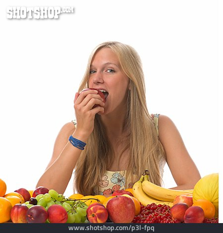 
                Junge Frau, Gesunde Ernährung, Essen, Obst                   