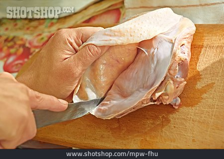 
                Hand, Zubereitung, Huhn, Aufschneiden                   