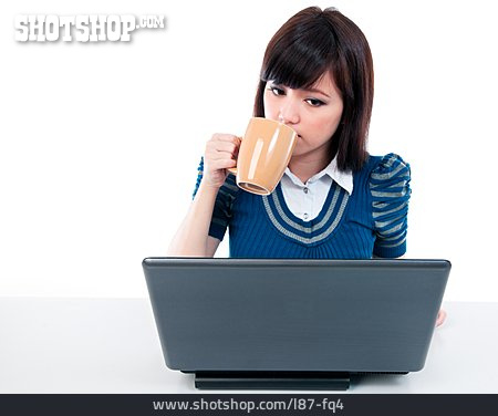 
                Young Woman, Drinking, Laptop, Chinese                   