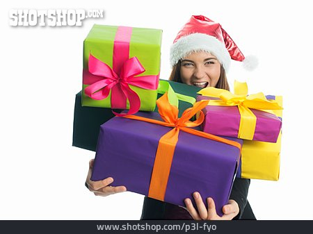
                Junge Frau, Weihnachten, Bescherung, Weihnachtsgeschenk                   
