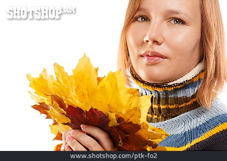 
                Junge Frau, Herbst, Blatt, Herbstlaub                   