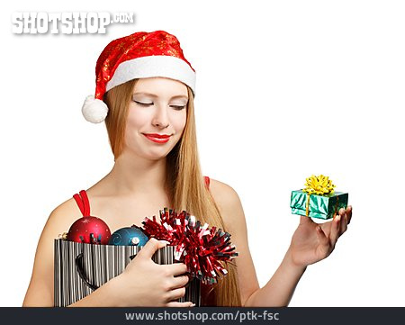 
                Junge Frau, Weihnachten, Weihnachtsgeschenk, Weihnachtsfrau                   