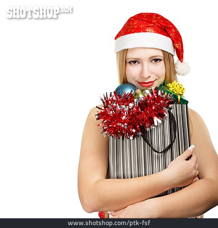 
                Junge Frau, Weihnachten, Weihnachtsfrau, Weihnachtseinkäufe                   