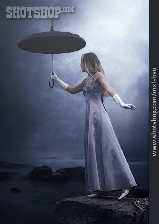 
                Junge Frau, Traum, Regenschirm, Nostalgie                   