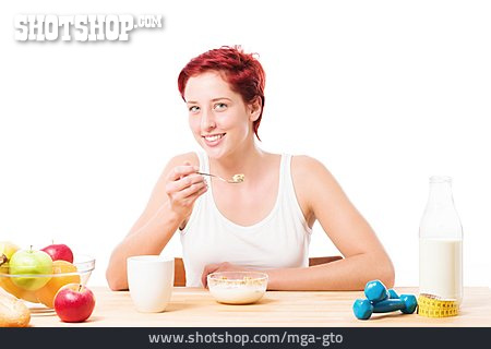 
                Junge Frau, Gesunde Ernährung, Frühstück, Frühstücken                   
