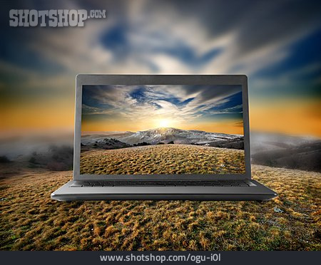 
                Landschaft, Laptop, Vertrocknet, Steppe                   