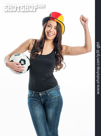 
                Junge Frau, Fußball, Jubeln, Fußballfan                   