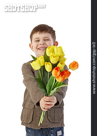 
                Junge, Kind, Tulpe, Blumenstrauß                   