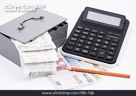 
                Taschenrechner, Ausgaben, Geldkassette                   