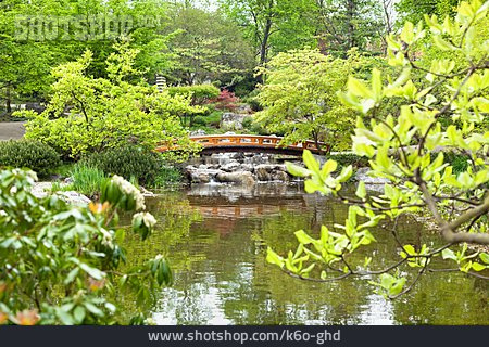 
                Teich, Bogenbrücke, Japanischer Garten                   