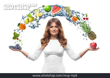 
                Junge Frau, Gesunde Ernährung, Obst, Vitamine                   
