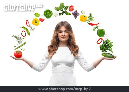 
                Junge Frau, Gesunde Ernährung, Gemüse, Vitamine                   