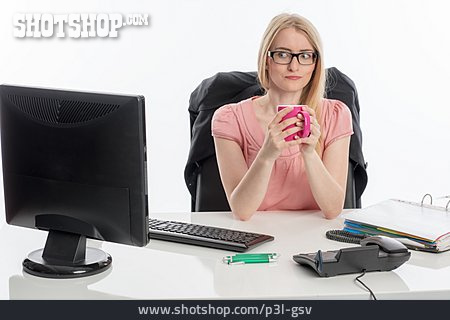 
                Junge Frau, Pause, Schreibtisch, Stress                   