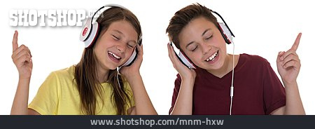 
                Junge, Mädchen, Musik, Hören, Kopfhörer                   