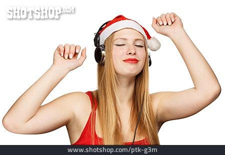 
                Weihnachten, Weihnachtsmütze, Kopfhörer, Weihnachtsfrau                   
