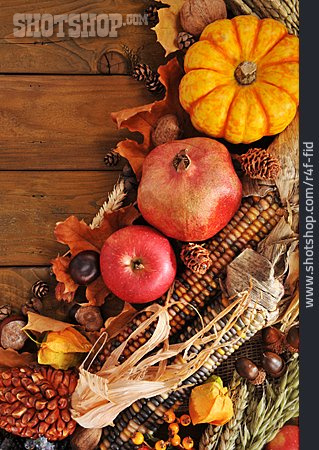 
                Herbstlaub, Kürbis, Granatapfel, Mais, Herbstgemüse                   