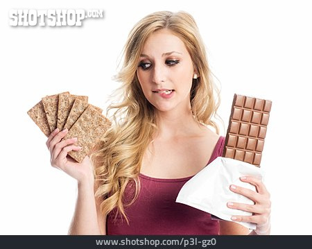 
                Junge Frau, Schokolade, Knäckebrot, Versuchung                   