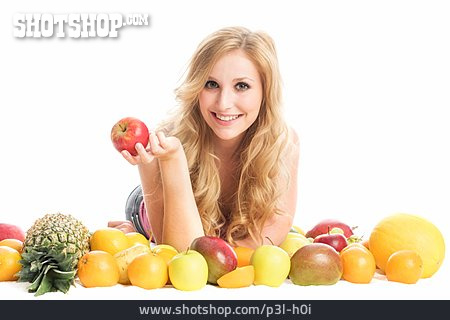 
                Frau, Gesunde Ernährung, Apfel, Südfrüchte                   